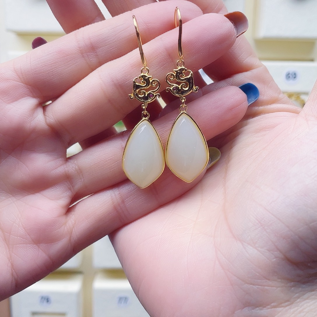 和田玉银S925镀金镶嵌耳饰