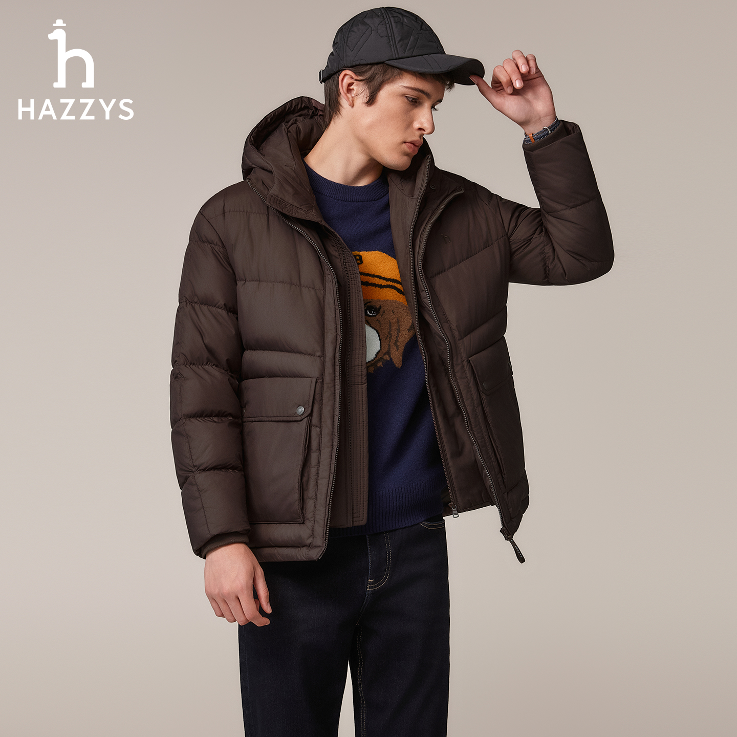 【可拆帽子】设计师款HAZZYS哈吉斯冬季男士保暖羽绒服