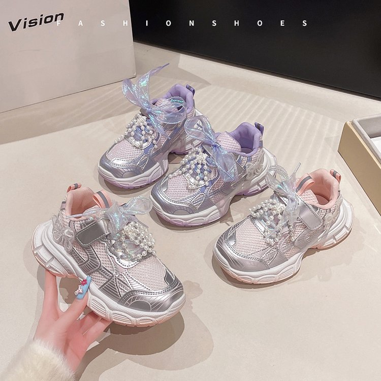 儿童运动鞋2025春季新款跑步童鞋小女孩学生鞋女童网面鞋子老爹鞋