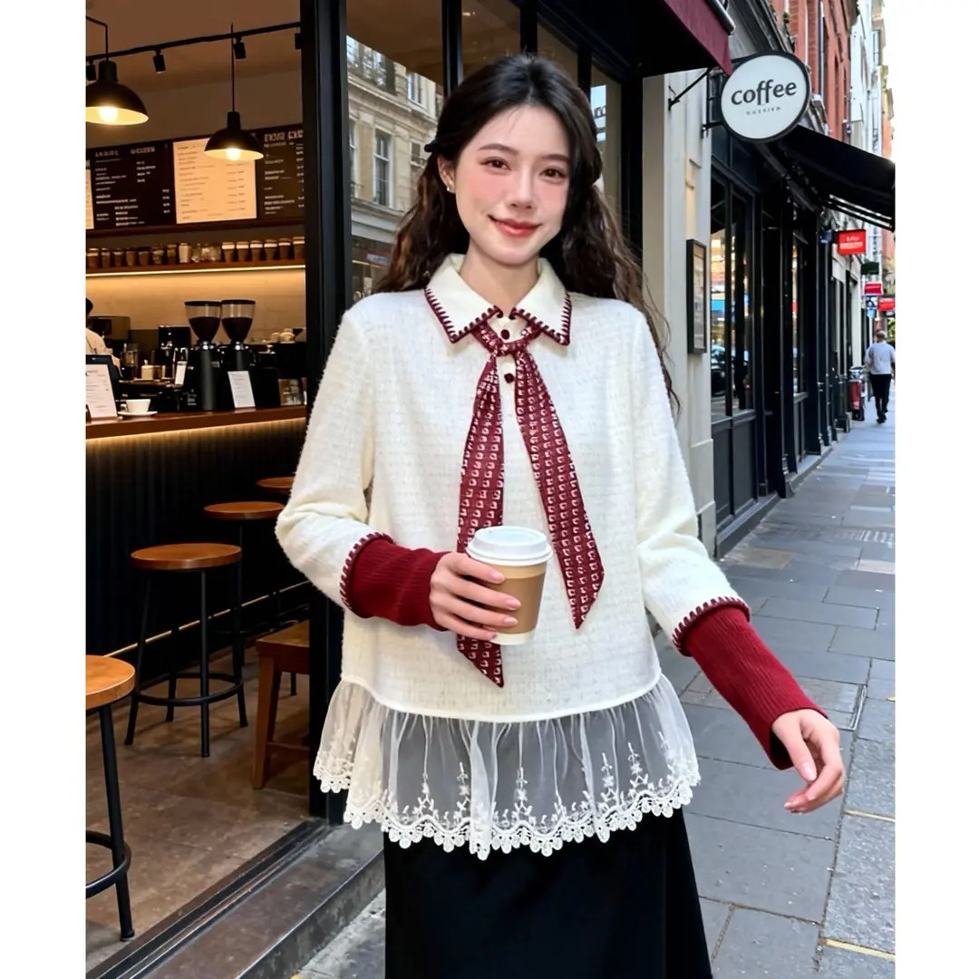 上衣秋冬设计感新款显瘦时尚洋气撞色蕾丝下摆百搭蕾丝打底衬衫女