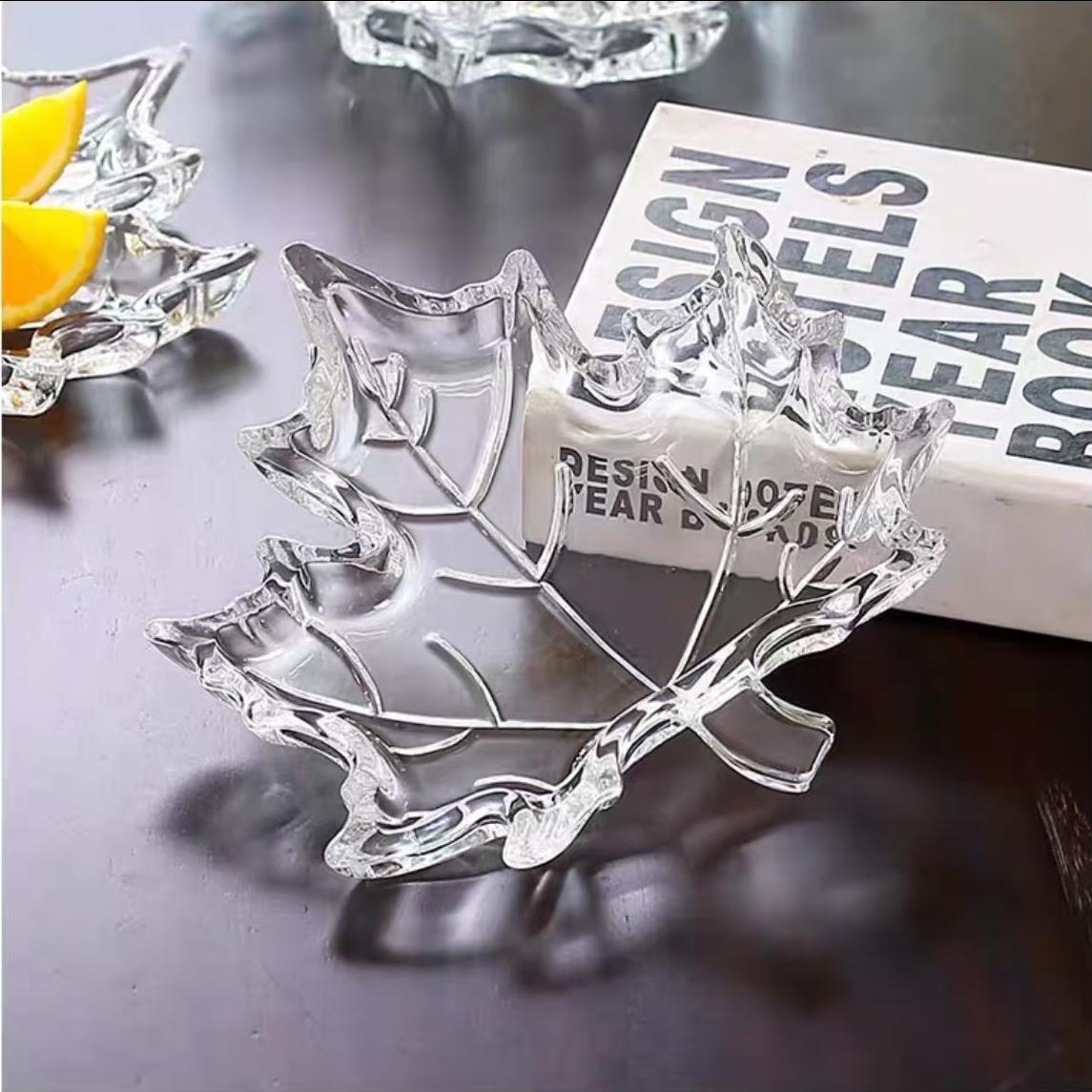 枫叶轻奢风描金透明玻璃水果盘客厅家用零食盘糖果盘子精致小果碟