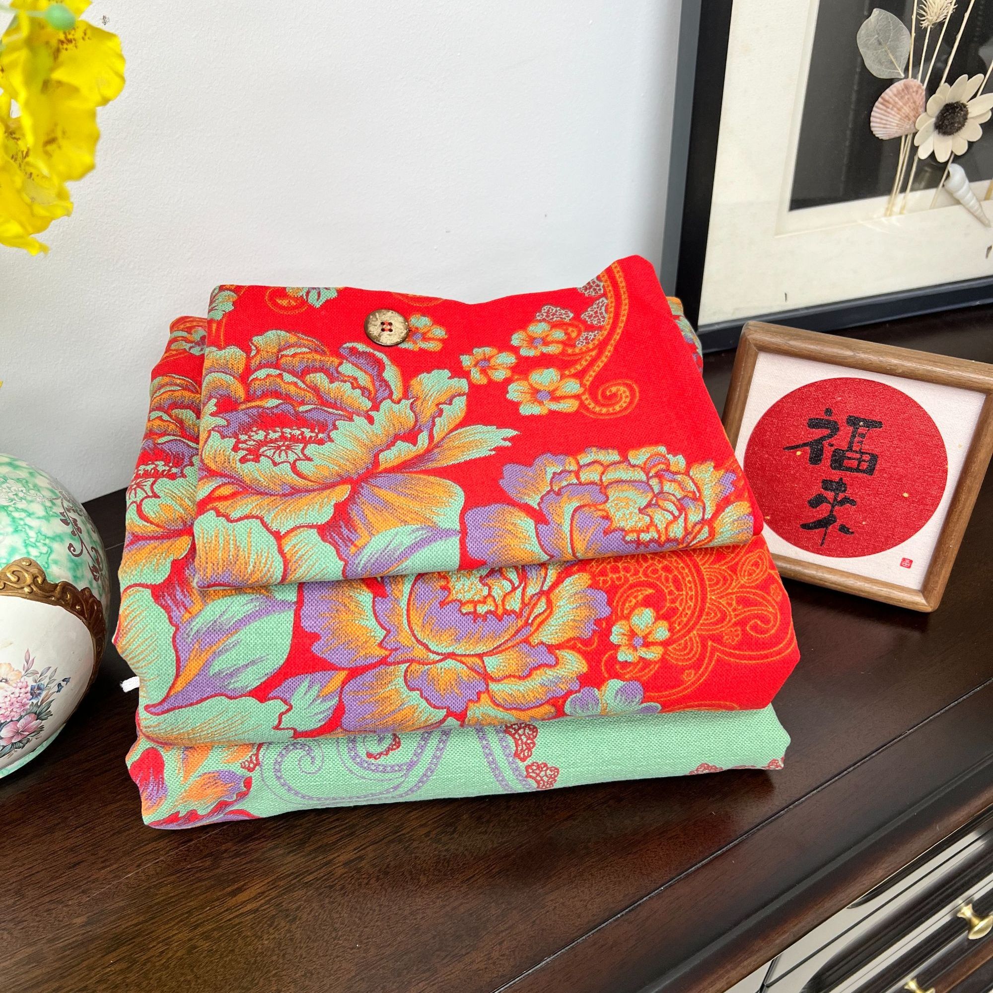 色织有氧双层纱四件套亲肤透气柔软中式婚床结婚-富贵春（纽扣款）