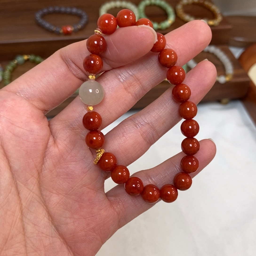 南红玛瑙18K金镶嵌手链7.5mm南红精品