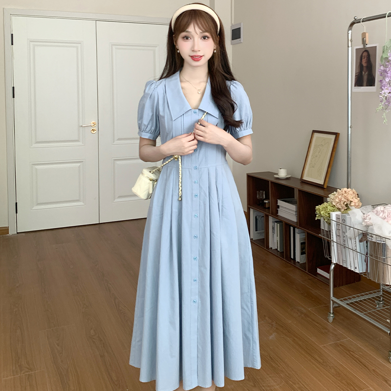 【裙长108】慕兔法式小众收腰连衣裙女2024夏新款泡泡袖中长款A字裙