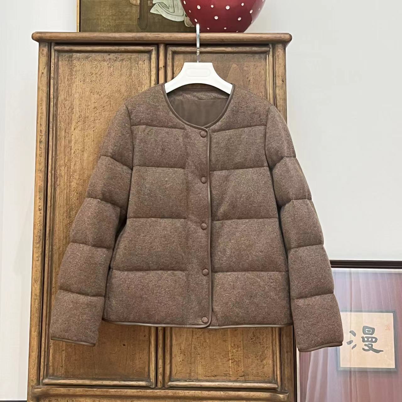 MYL 2024秋季新品90羊毛混纺咖色鹅绒羽绒服圆领长袖宽松上衣