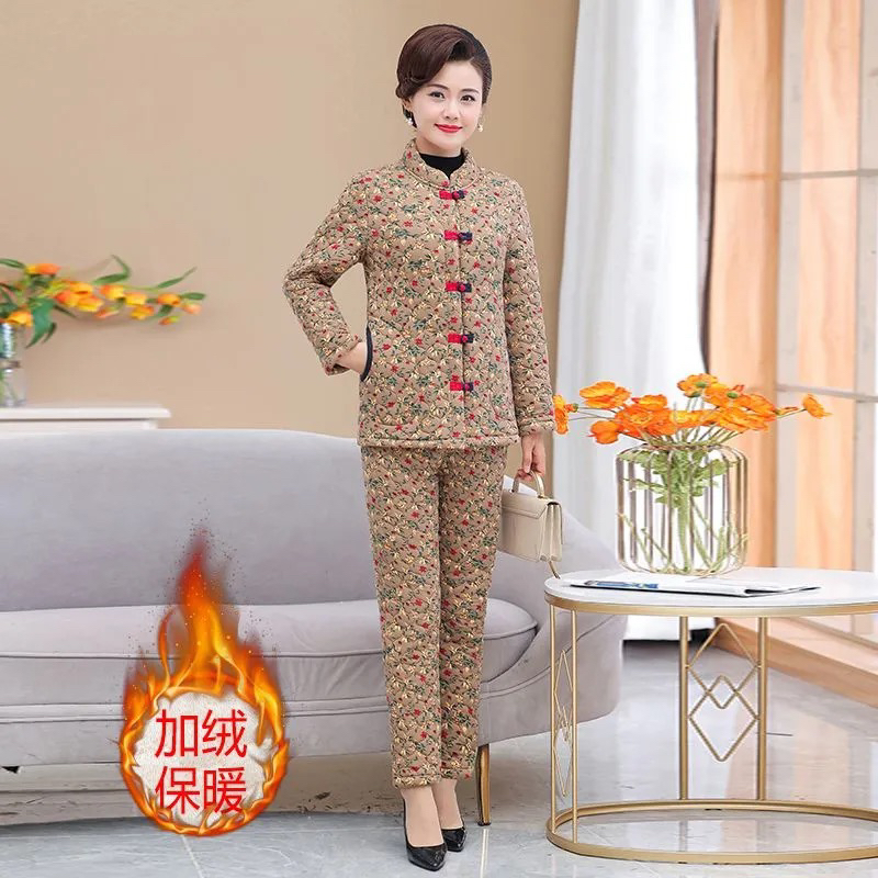 8813女棉衣套装加绒加厚保暖两件套妈妈装新款复古外穿两件套装