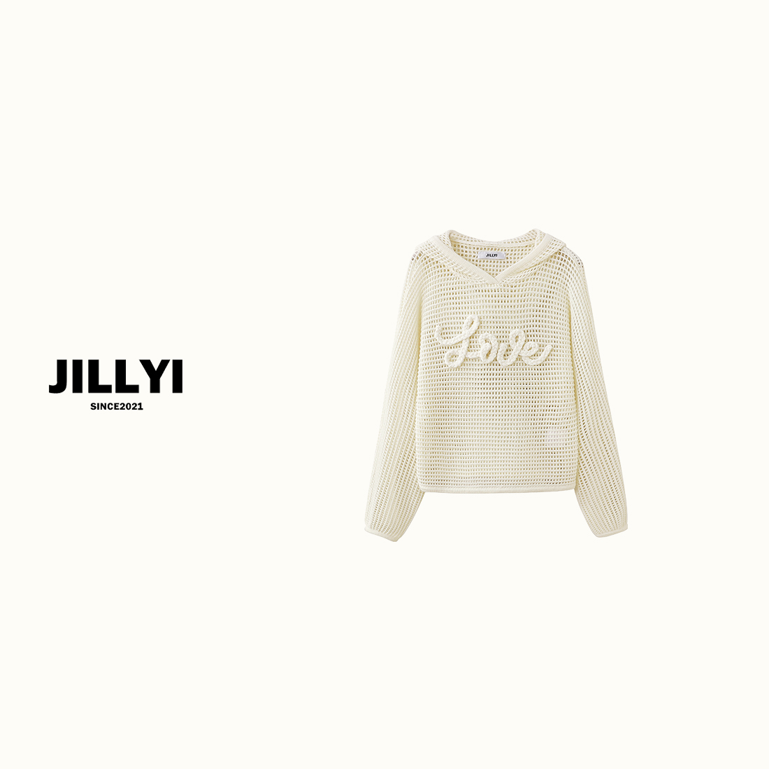 jillyi【恋爱手记】米白色连帽字母刺绣镂空工艺时尚百搭针织衫