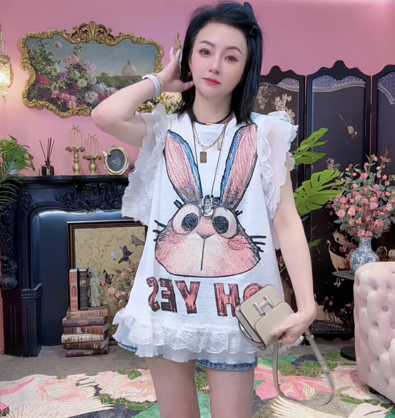 筱夏季新款重工设计感卡通兔子印花花边无袖短袖T恤女上衣5801