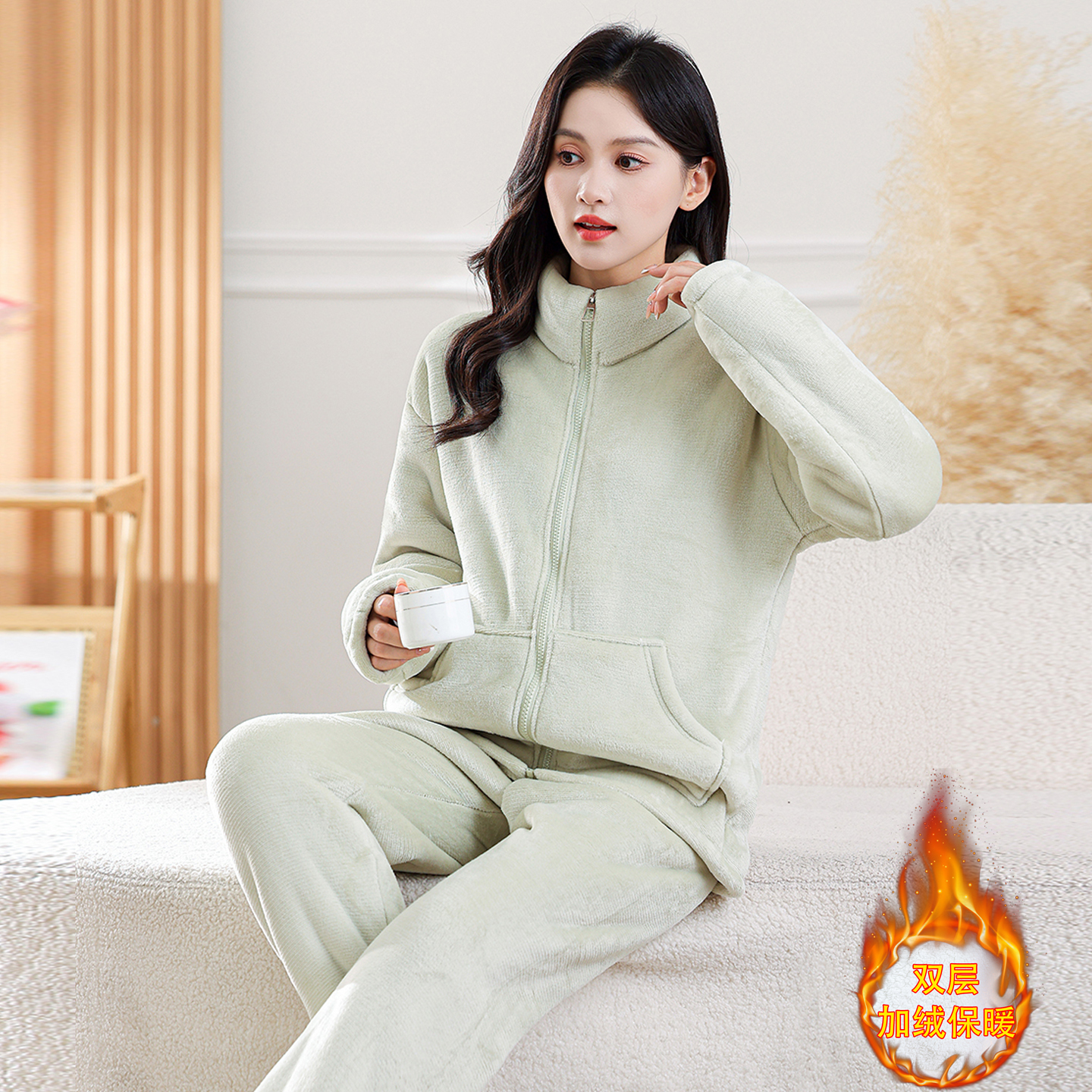 【双层睡衣】秋冬季女士睡衣加绒保暖休闲拉链款套装可外穿ZFF