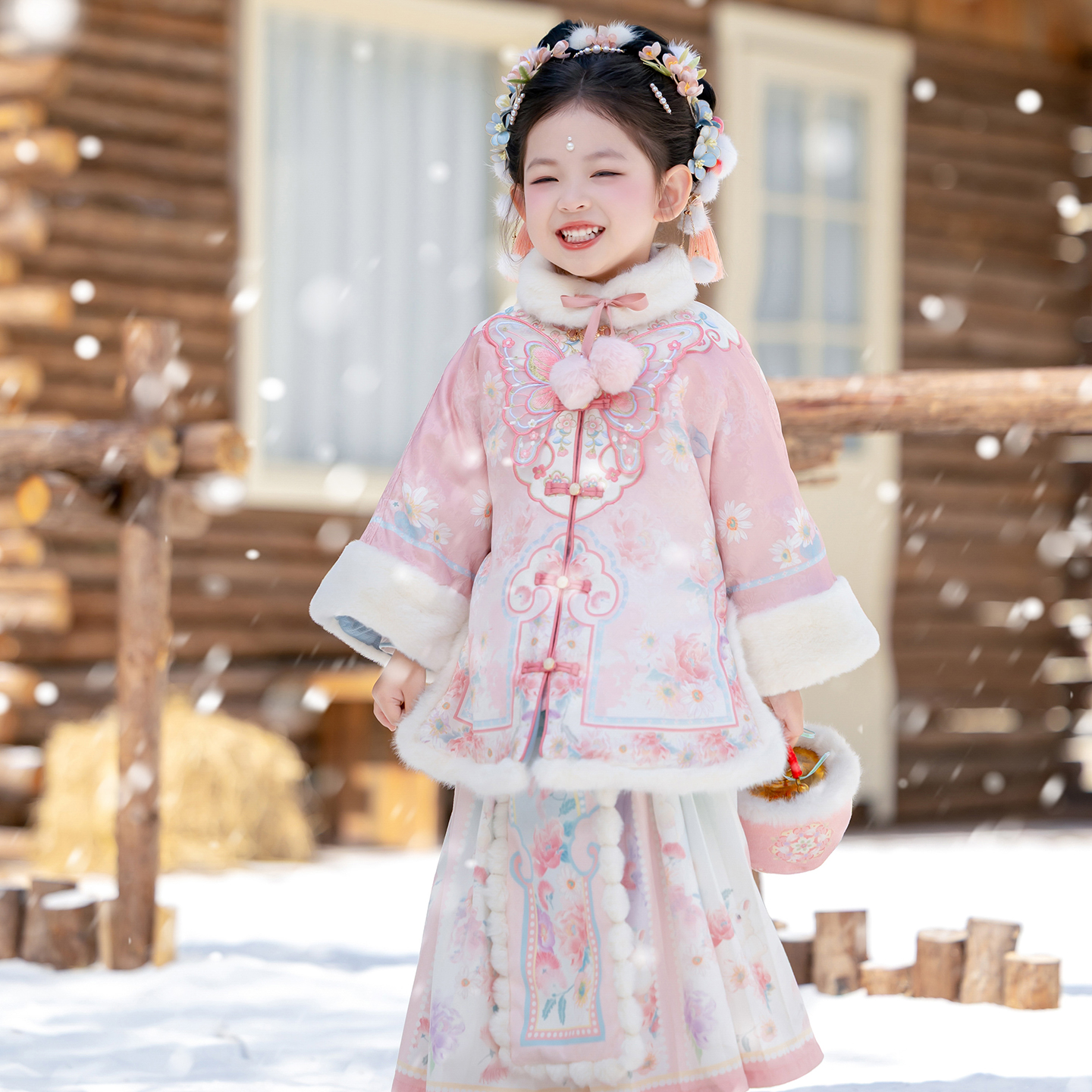 【花蝶影】汉服女童冬装粉色中国风蝴蝶刺绣长裙套装女孩唐装拜年服