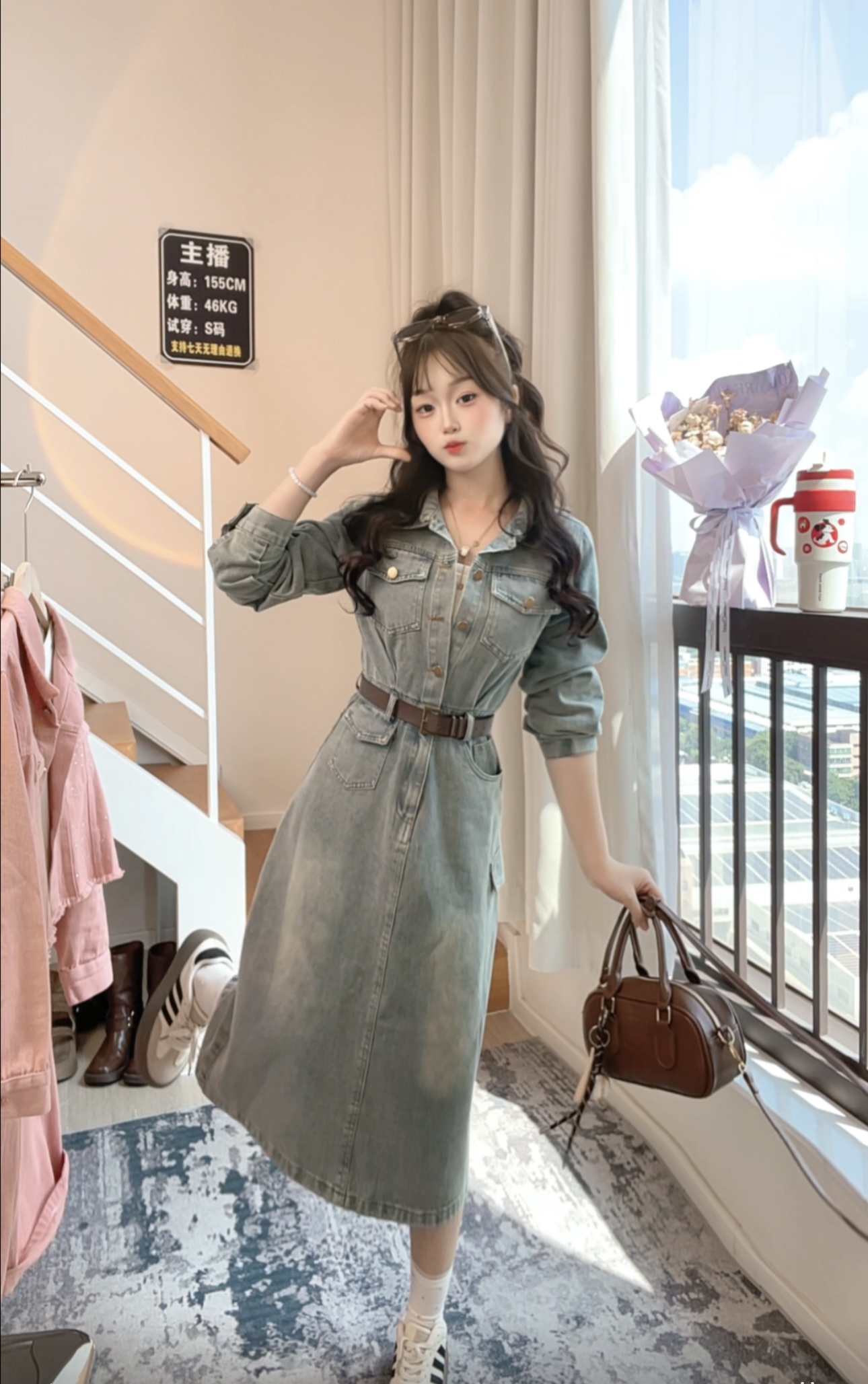 连衣裙超仙度假风复古水洗牛仔短裙女秋新款甜酷辣妹翻领收腰长裙