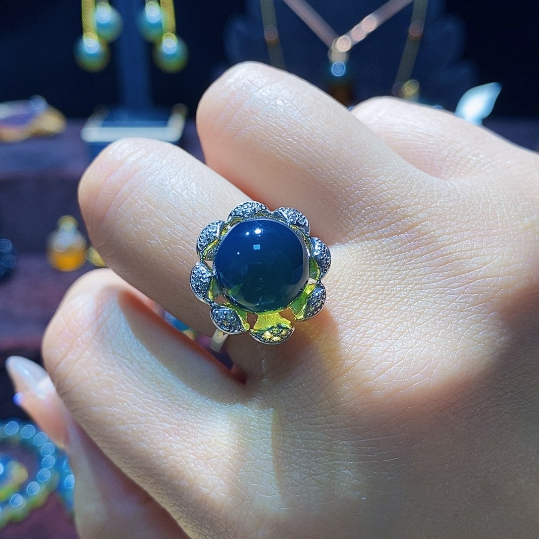 蓝珀戒指银S925镶嵌戒指11m