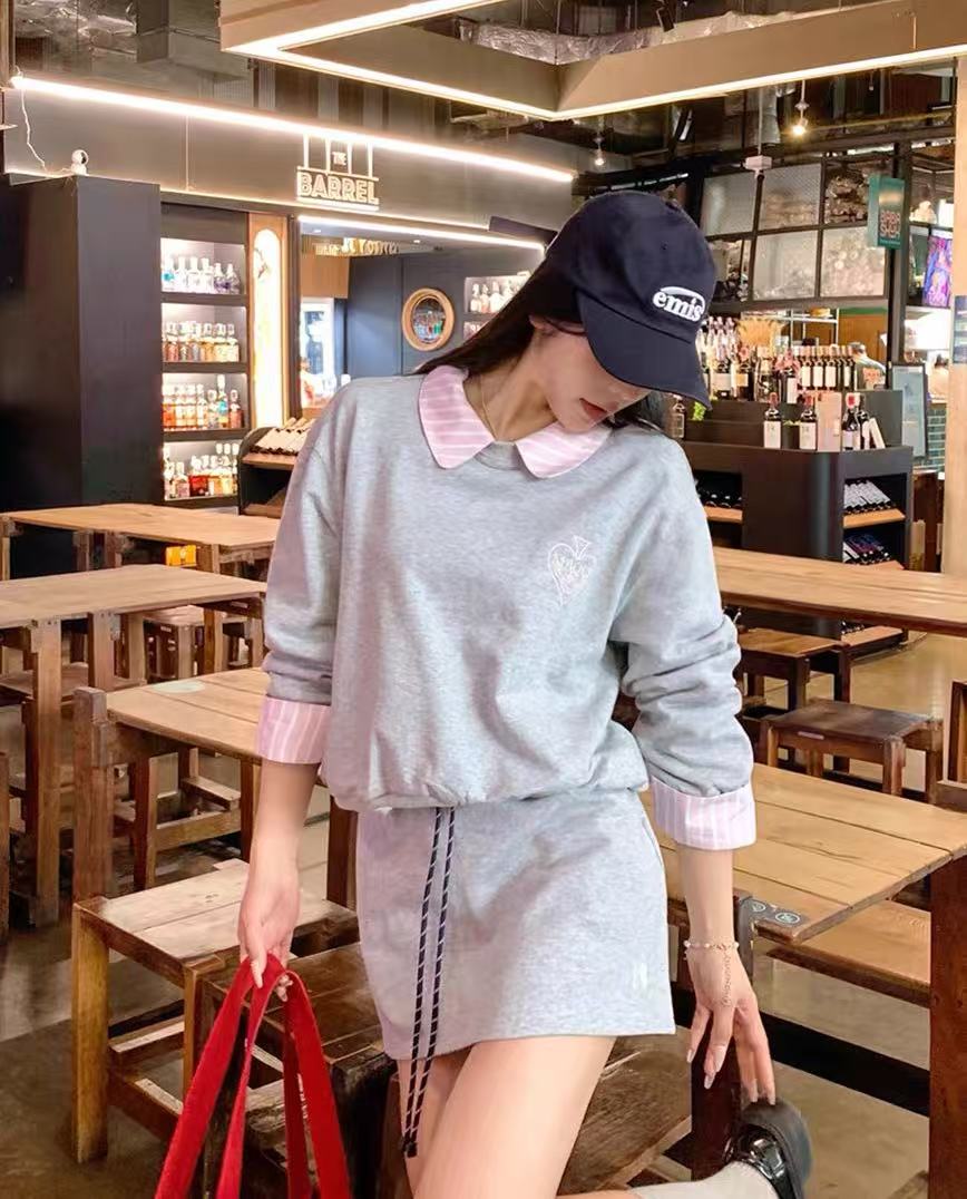 QSonetwo正品新意法拼接假两件卫衣女春季新款设计感上衣