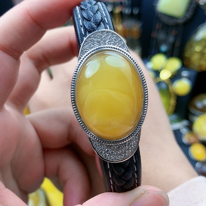 琥珀裸石银S925镶嵌戒指