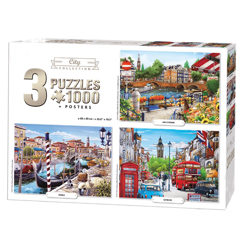 三款1000片独家特价荷兰纸质拼图街道系列三合一礼盒益智解压玩具
