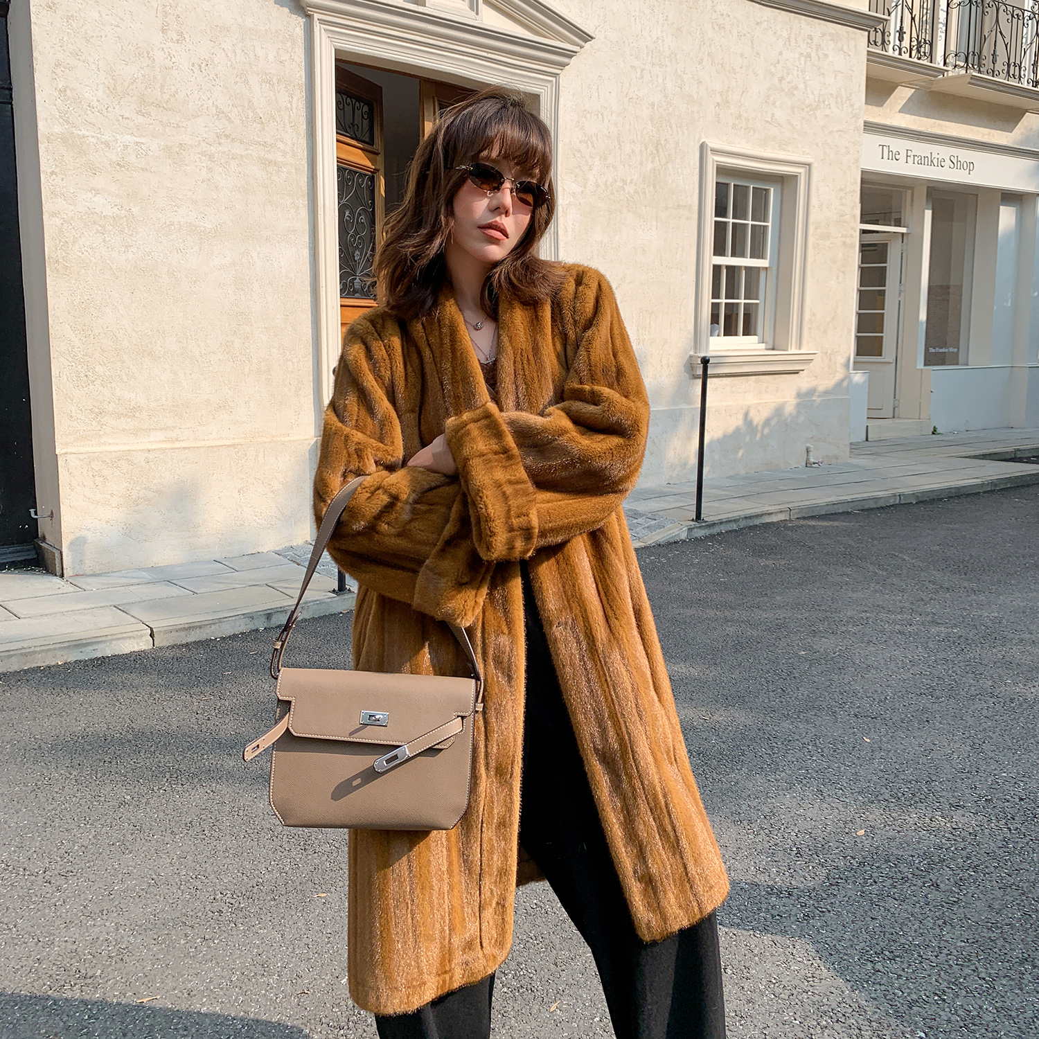 人造皮草 V领中古风挽袖环保仿皮草毛毛外套仿真高端毛毛大衣冬季