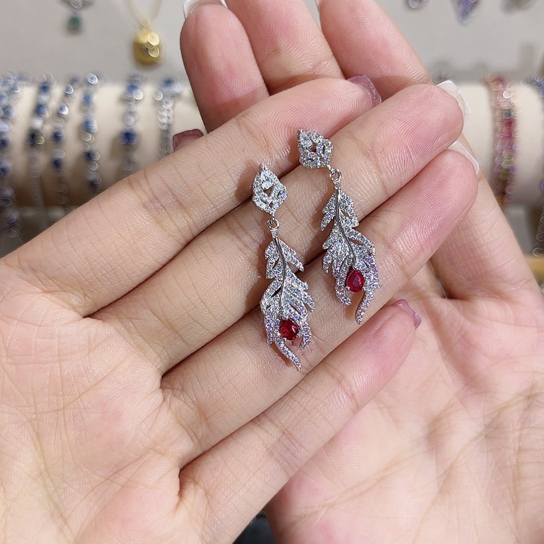 红宝石耳饰银S925镶嵌