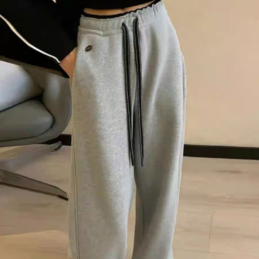 加绒加厚抽绳束脚雪地阔腿女卫裤秋冬宽松垂感显瘦百搭