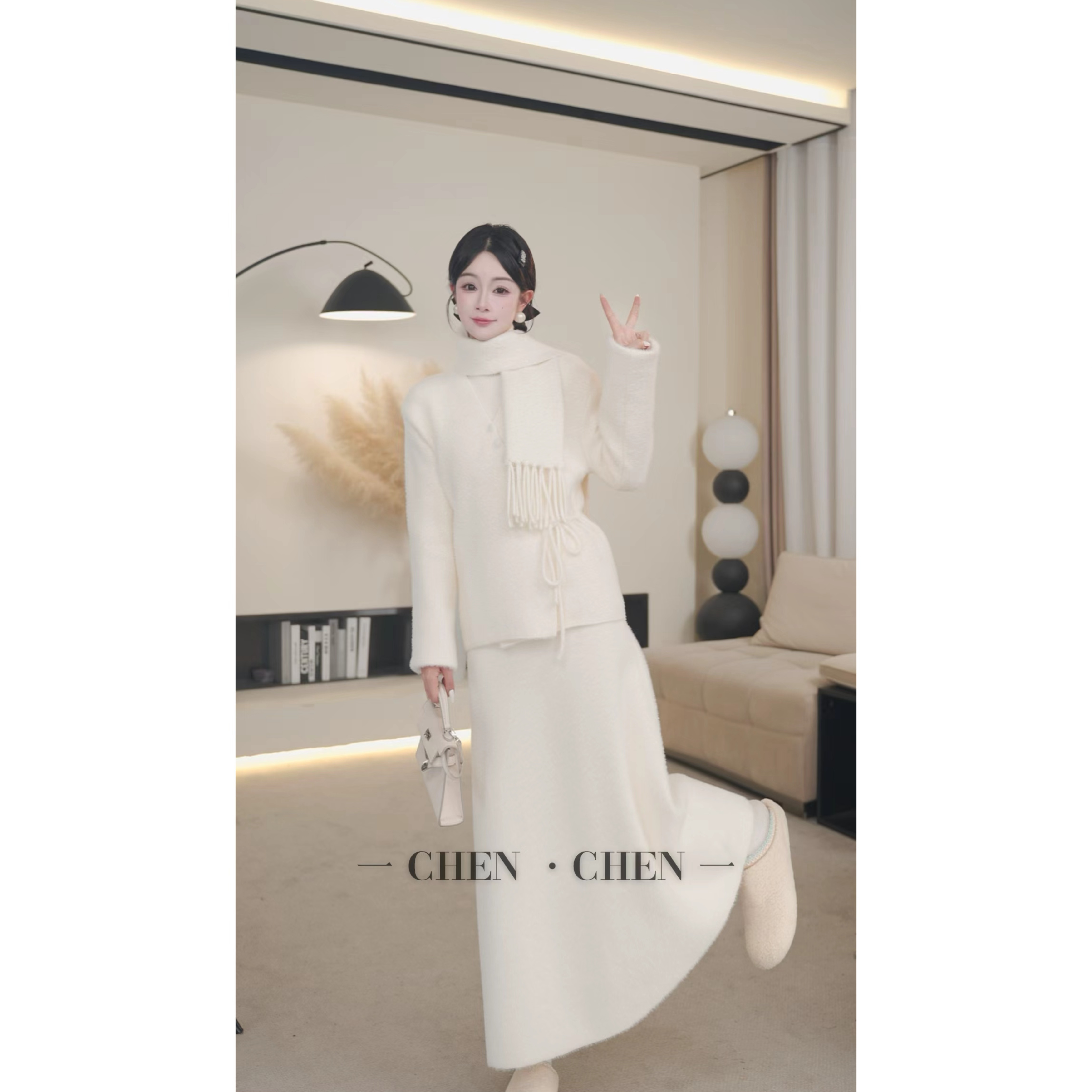 【晨晨专属】法式温柔风气质高级感软糯糯绝美斜扣上衣+半身裙+围巾