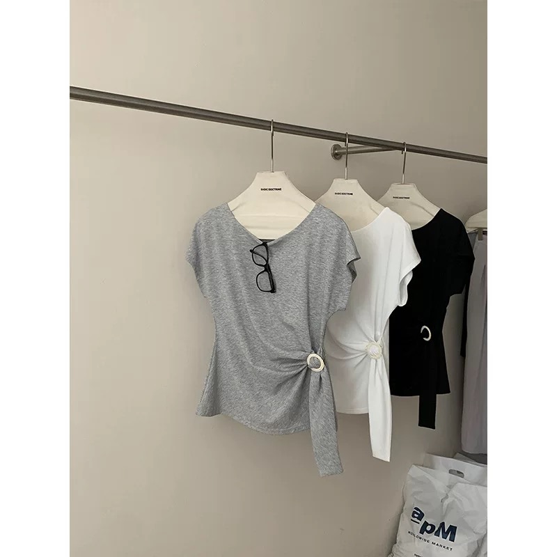 370韩系夏季新款设计感立体装饰绑带系带圆领短袖T恤