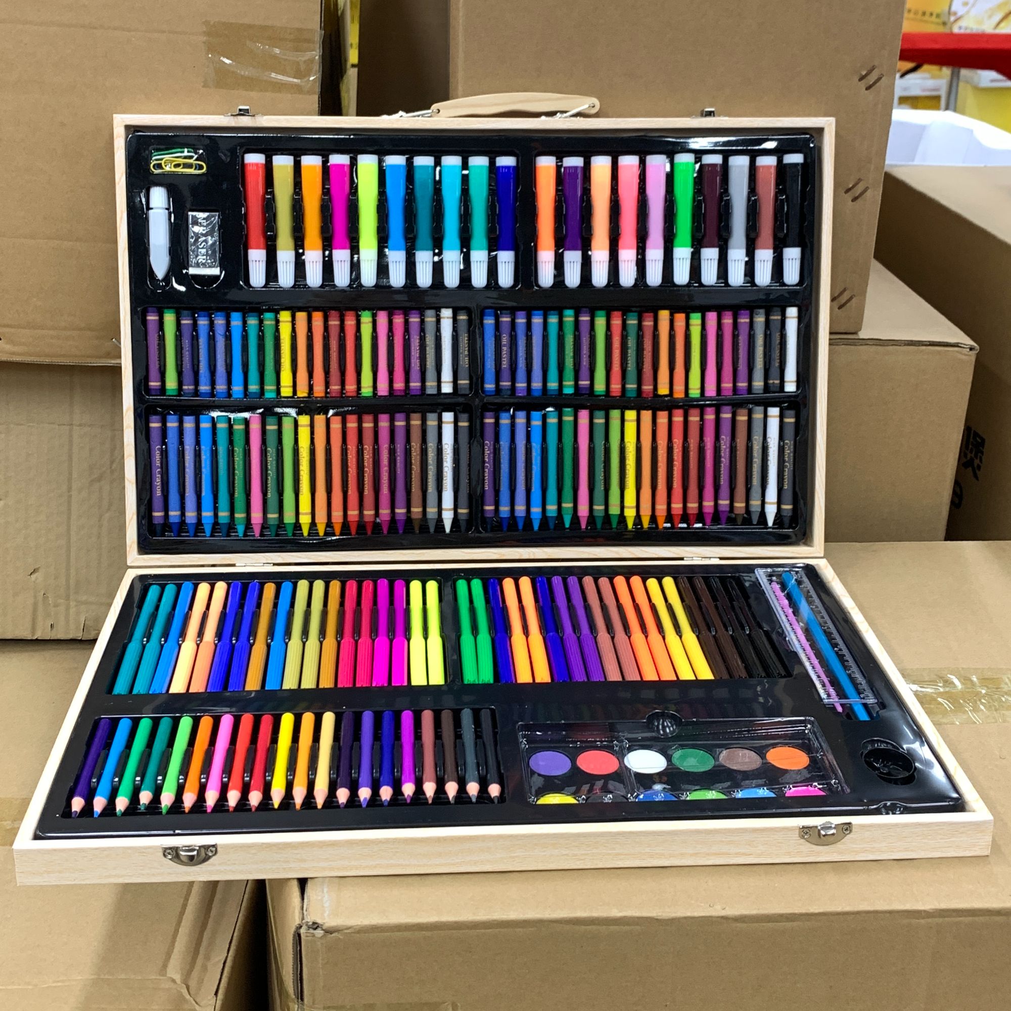 180件木盒画笔套装儿童礼盒培训礼品毕业礼物水彩笔蜡笔