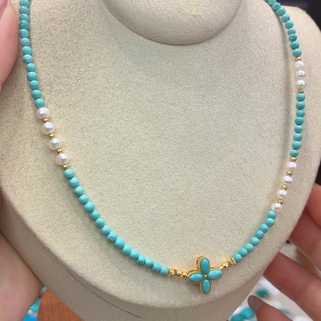 绿松石银S925镀金镶嵌项链