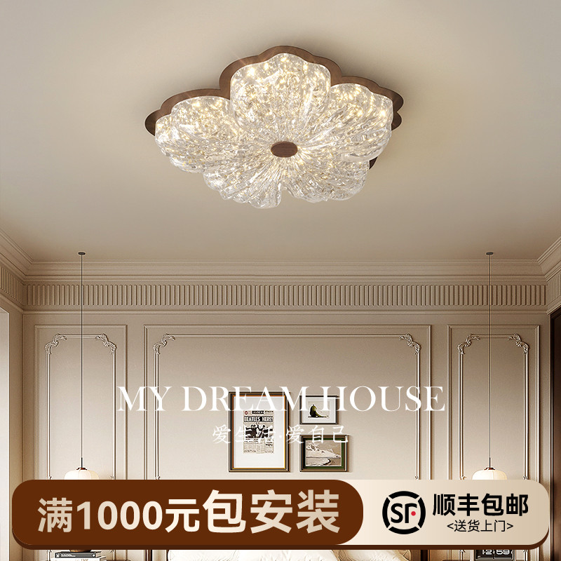 高级感金箔花瓣卧室灯中古风吸顶灯法式复古创意花朵主卧房间灯具