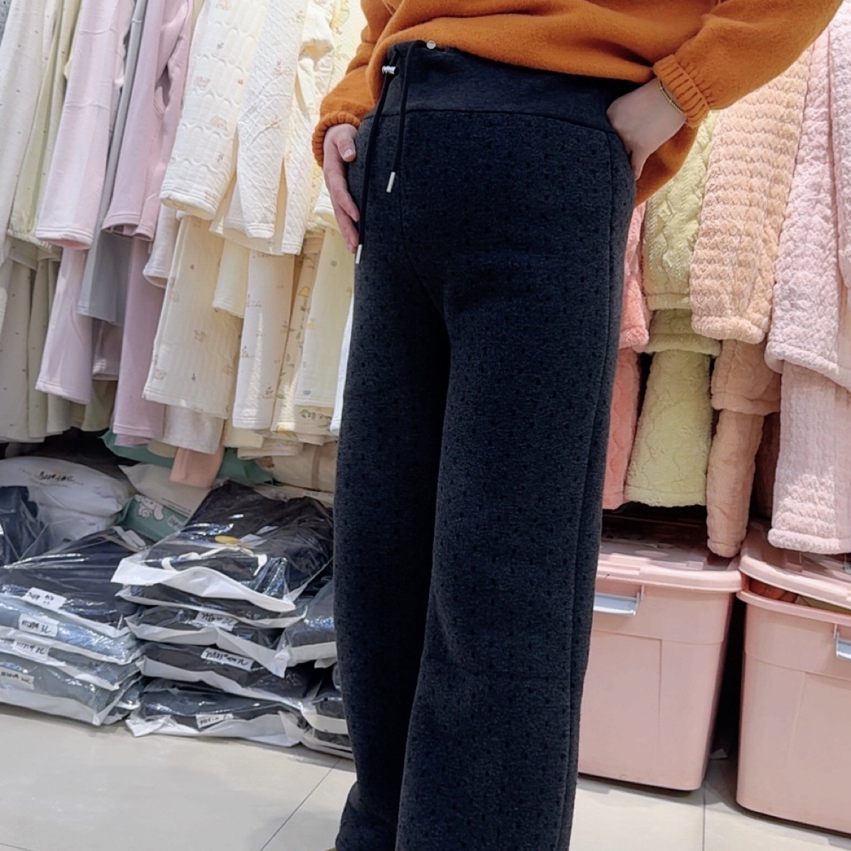 6959孕妇豹纹高腰显瘦加绒加厚宽松休闲阔腿裤