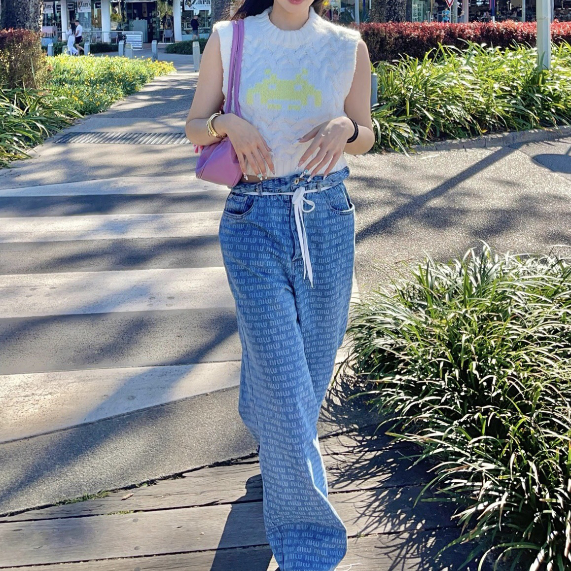 99新 MIU MIU/缪缪 玄色 蓝色弹幕满印长裤 25码 99新