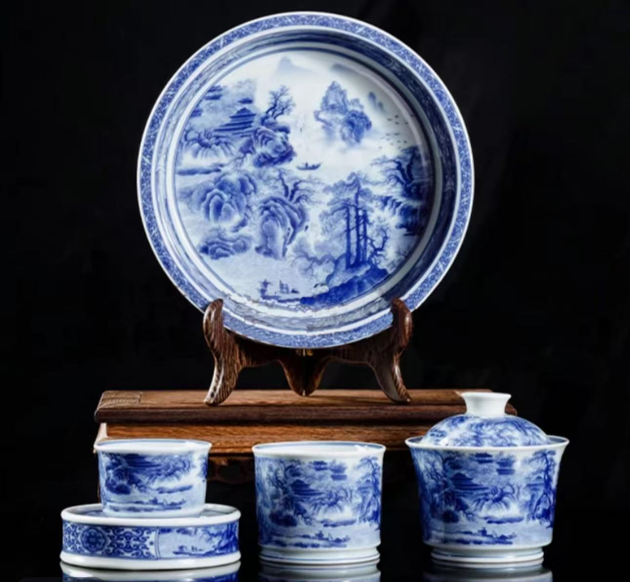 景德镇陶瓷重工青花山水春山图盖碗容天杯家用泡茶茶杯茶具简装