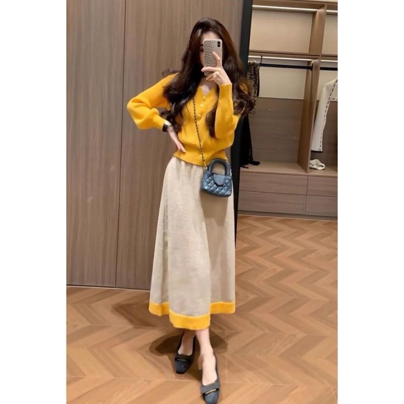 大码胖MM韩系千金风时尚小香风针织衫高级感半身裙两件套套装仙女