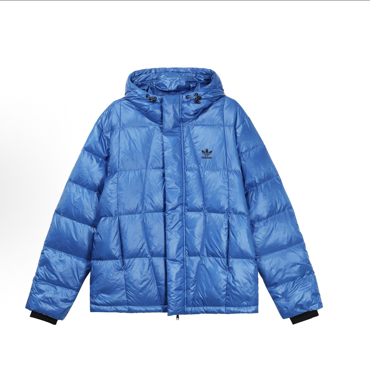 adidas 蓬袖口拼接运动连帽面包羽绒服 男款 鸟羽蓝IR7130