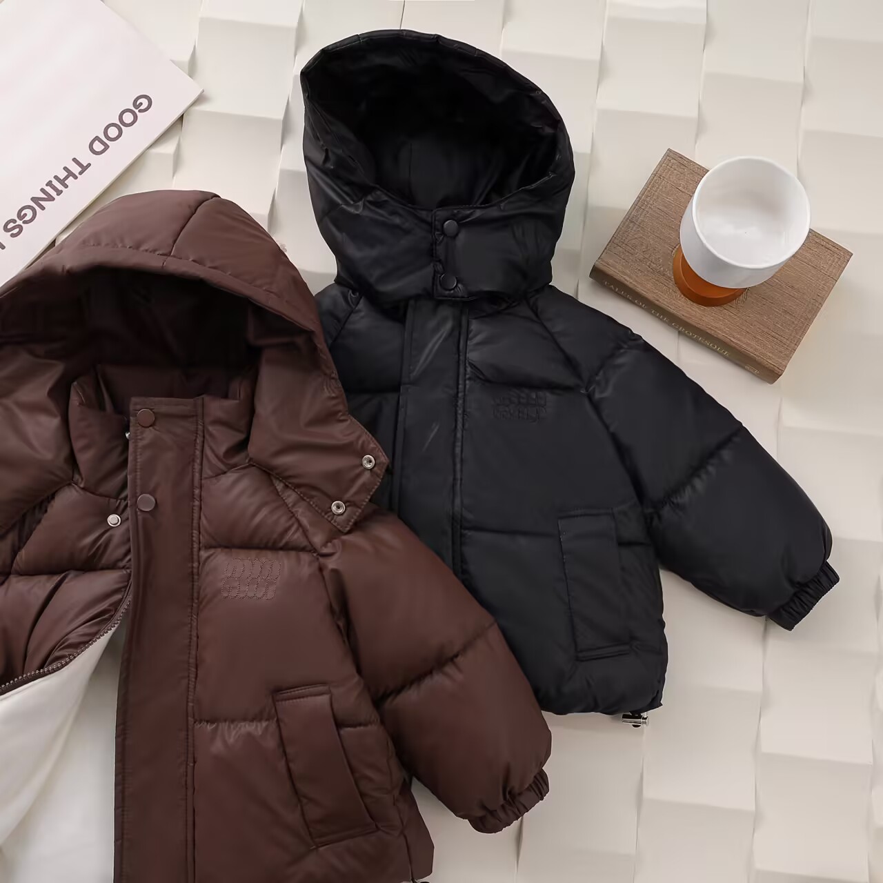 新款PU皮儿童加绒加厚棉服男童女童韩版小童保暖外套