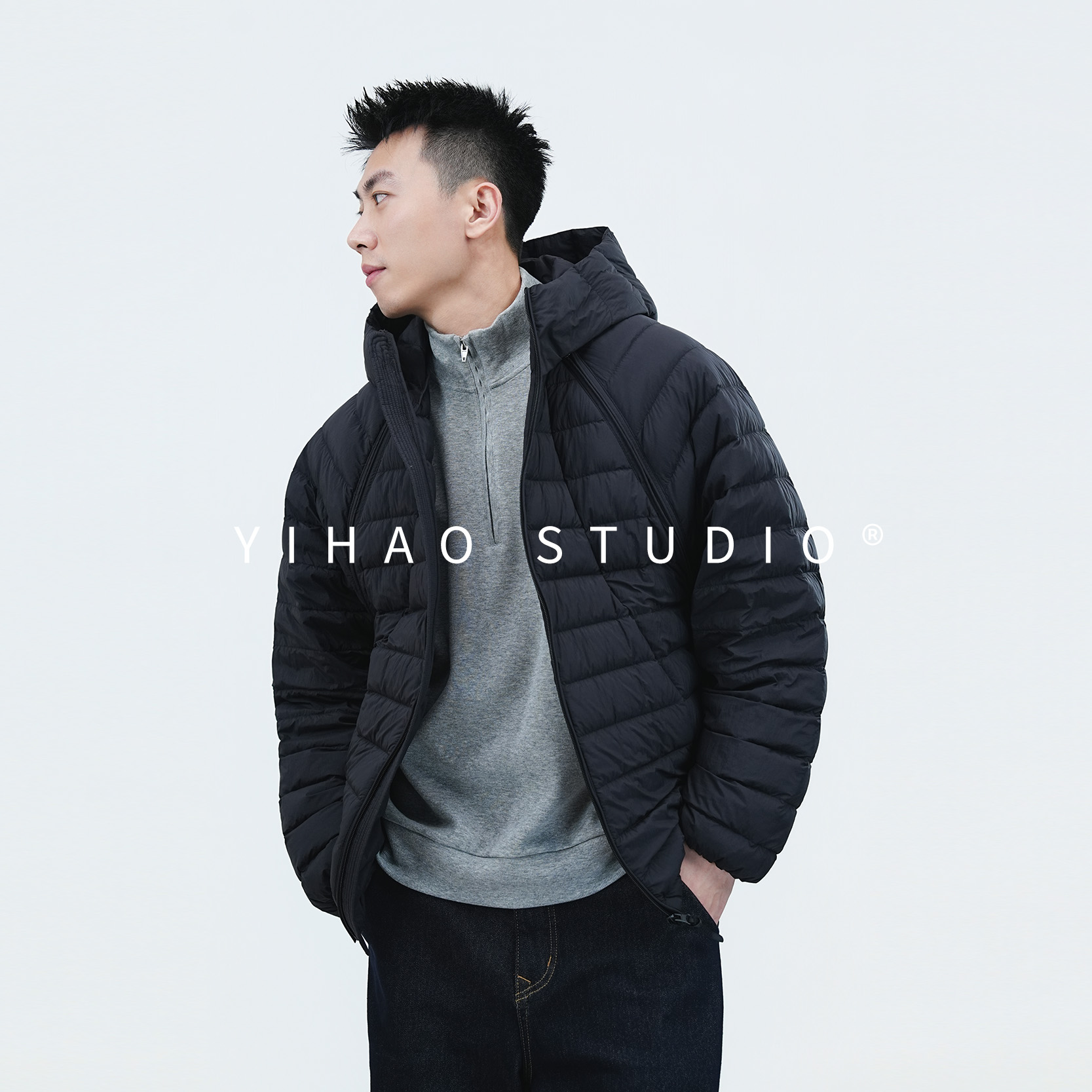 YIHAO STUDIO冬季男士轻薄排骨羽绒服连帽90白鸭绒轻量化可拆卸