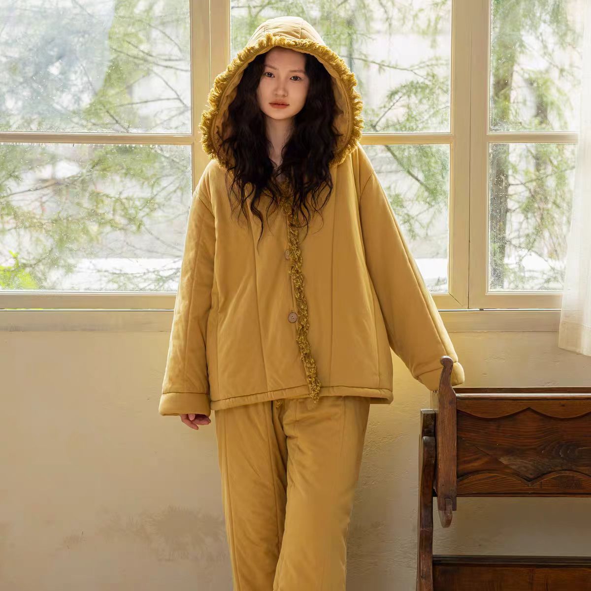 丁丁家E#韩版夹棉加厚连帽可外穿女士冬季家居服