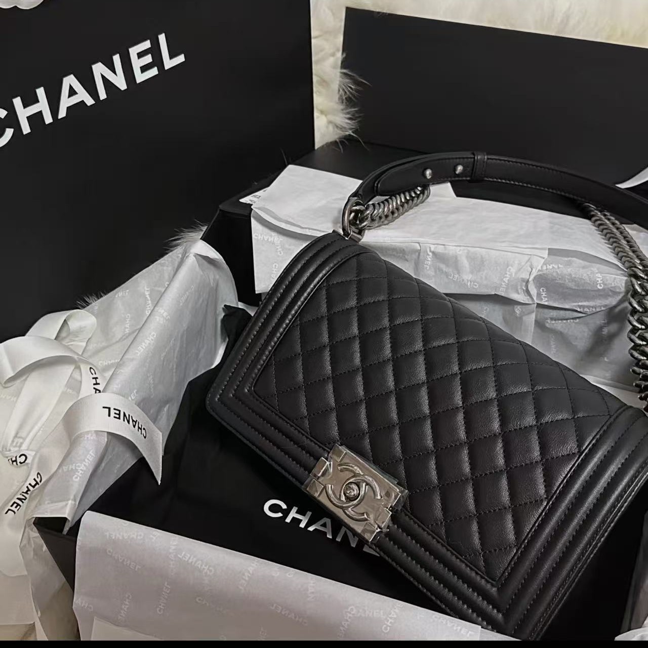 95新 Chanel/香奈儿 leboy中号黑银光面牛单肩包/优品