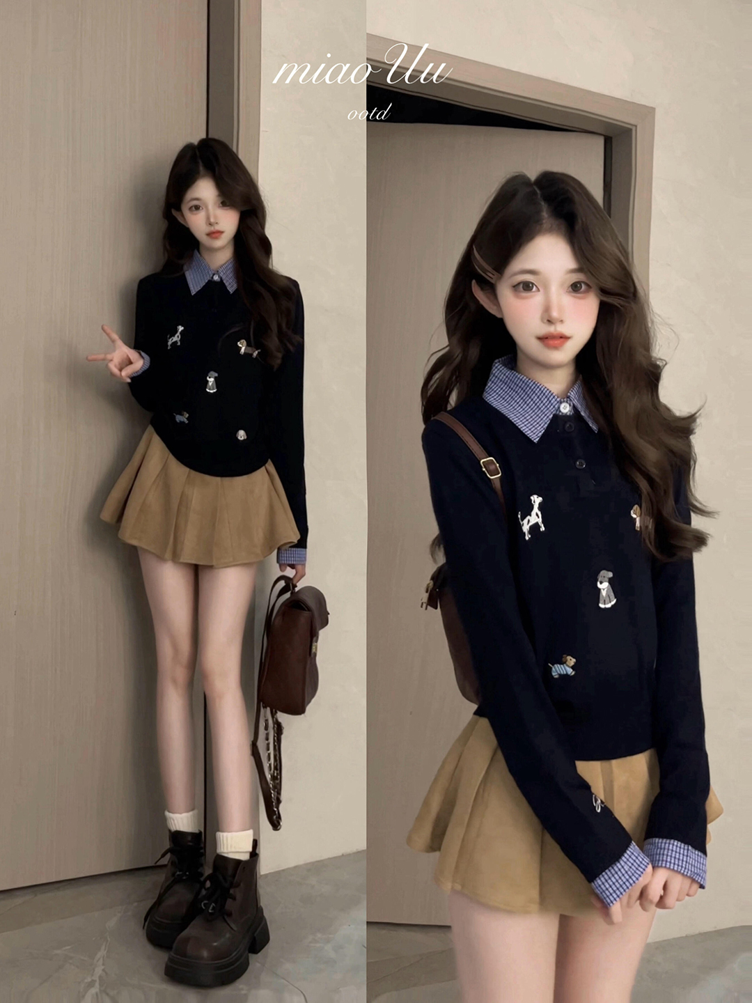 2025新款韩版时尚设计感秋季穿搭翻领刺绣毛衣假两件针织衫女上衣