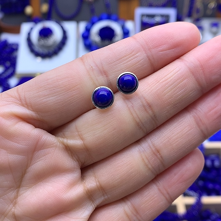 青金石耳钉银S925镶嵌