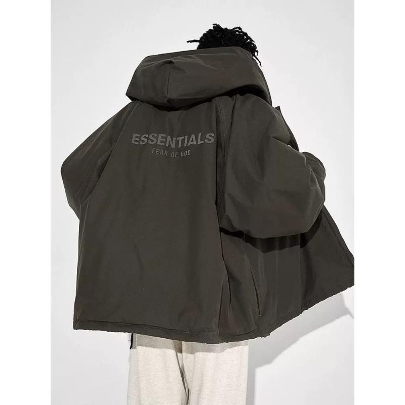 Essentials纯色logo拉链连帽休闲情侣重磅棉服男女同款1