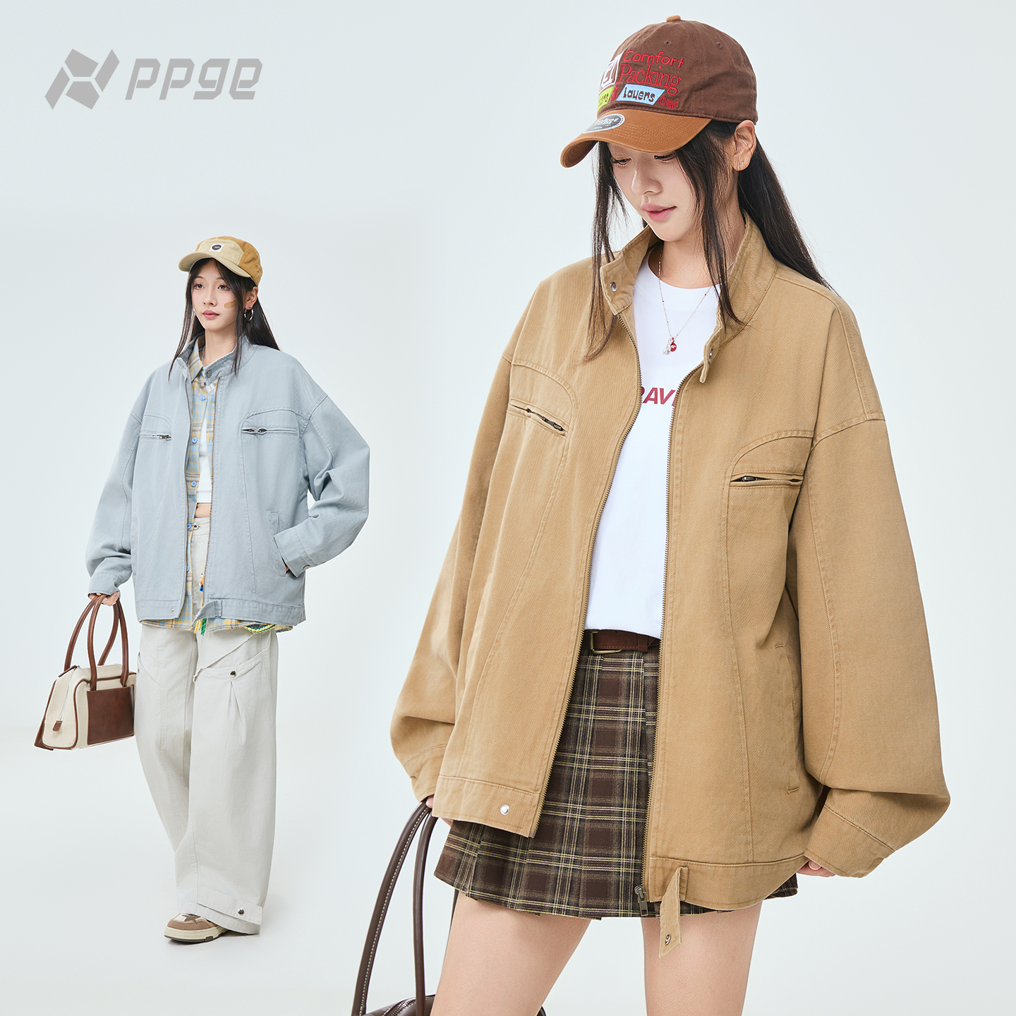 【美式复古+线条拼接+男女同款】ppge春秋极简风哈灵顿工装夹克外套