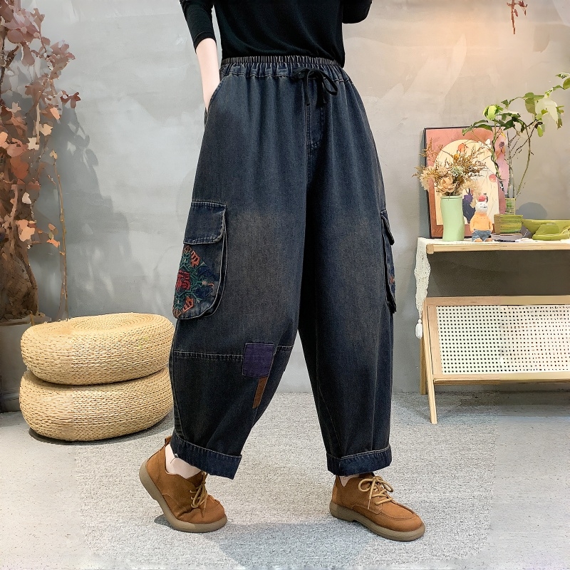 洋气哈伦老爹裤新款复古刺绣水洗牛仔宽松休闲大码九分裤9158