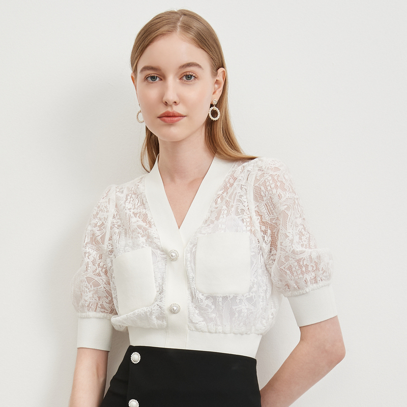 【陈大可专属】恩曼琳夏季新蕾丝拼接双口袋毛针织衫女EANCAA03