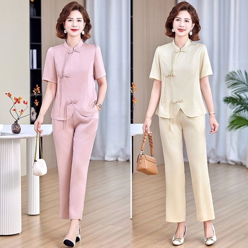 9012新中式国风提花气质改良旗袍阔腿裤夏季时尚套装