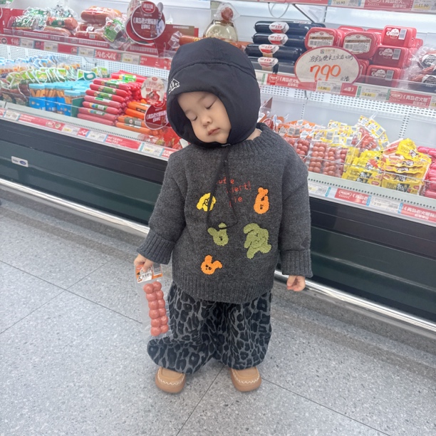 韩版男童女童毛衣套装2025秋冬季新款宝宝洋气灰色上衣豹纹休闲裤