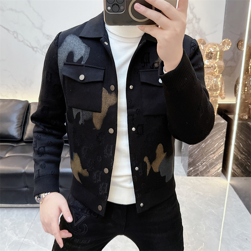 冰希重工.高定男士潮流拼色提花翻领白鹅绒针织外套2025冬季新款