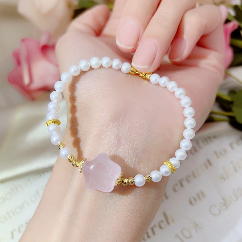 【A1608】淡水珍珠粉水晶星星手链精致天然时尚