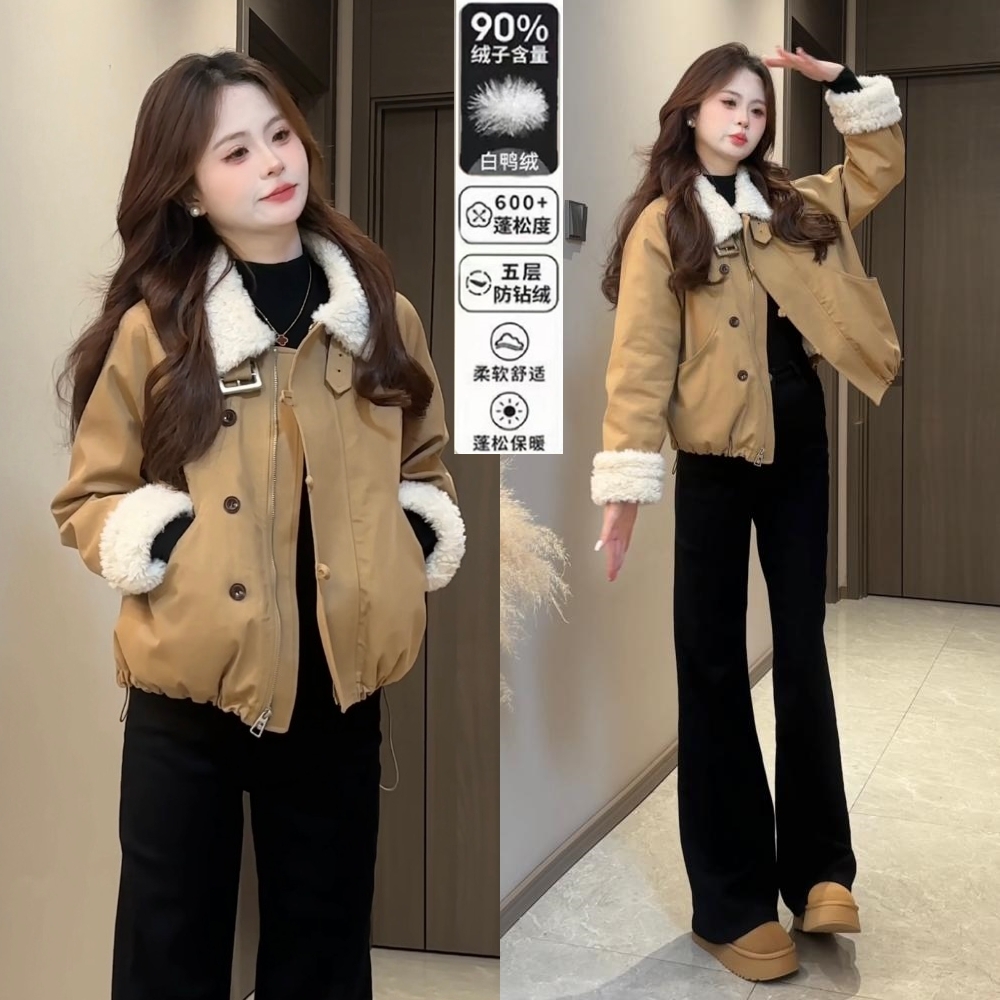 【焦糖栗子】2025冬韩版翻领长袖压胶直冲90新国标羽绒皮毛短外套女