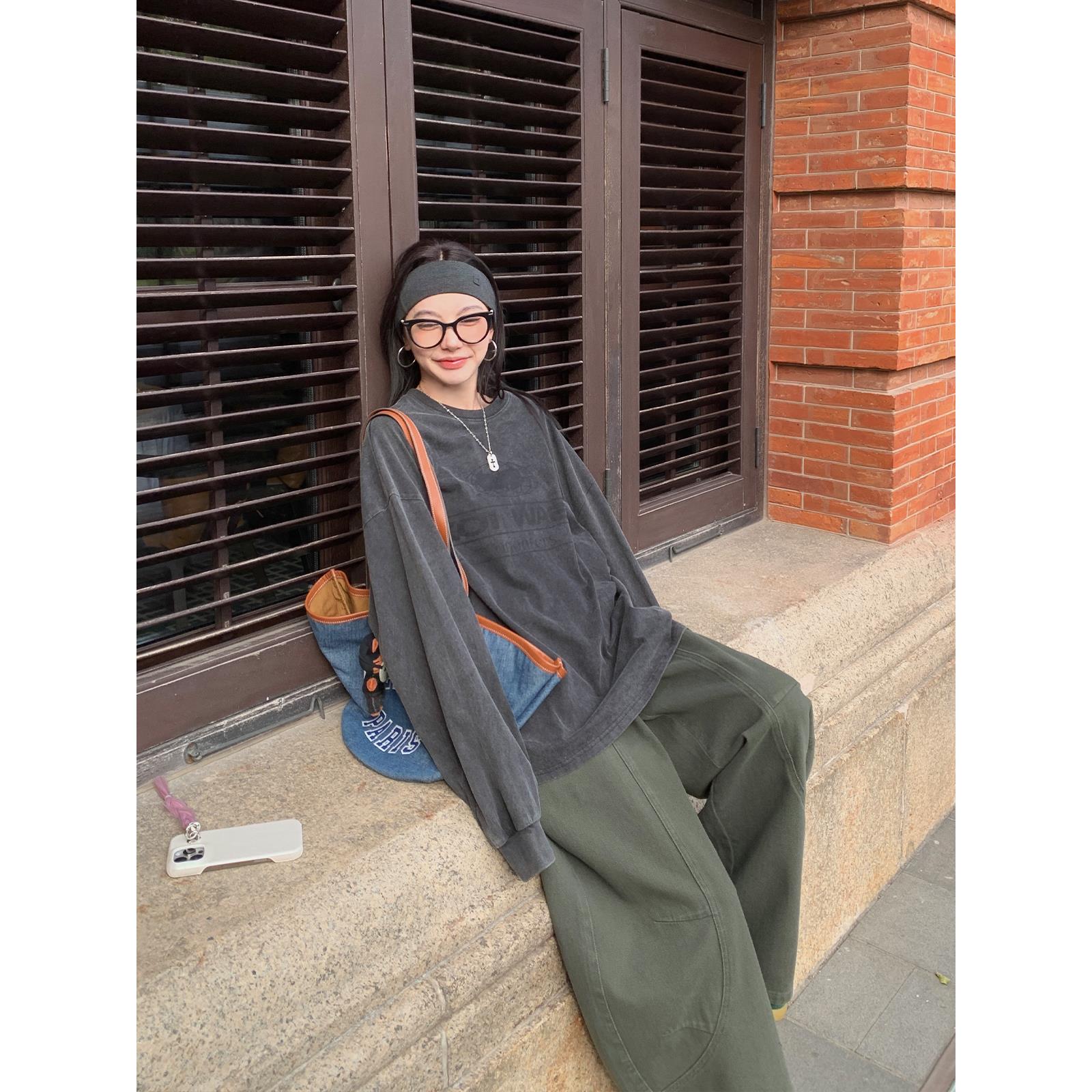 区区欧阳 水洗炒色印花卫衣女春季新款美式复古宽松圆领长袖上衣