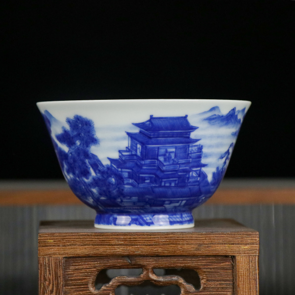 景德镇官方甄选 永明尚玩 亭台山水撇口杯