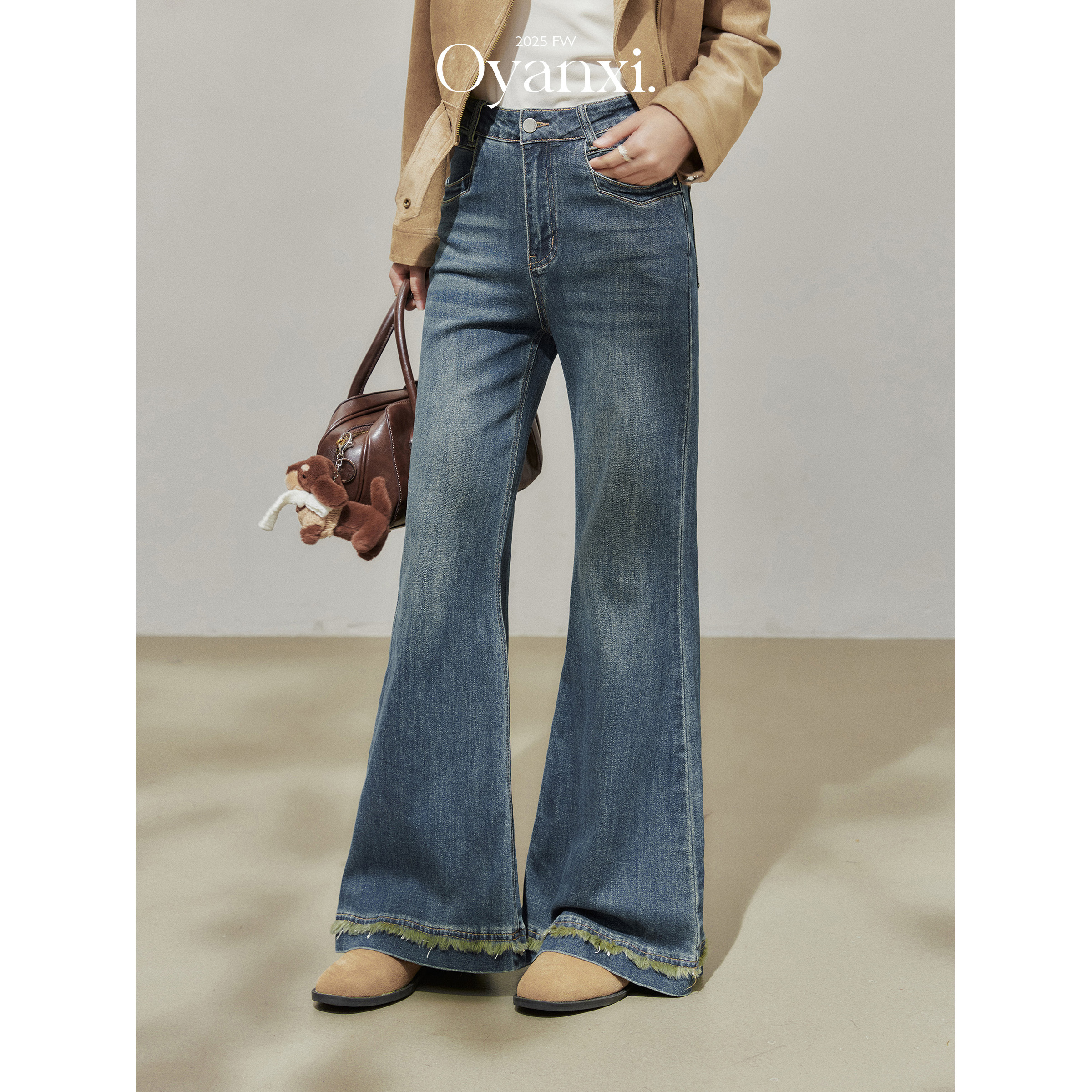 【清清】欧阳喜《蓝韵诗人》复古蓝微喇牛仔裤女秋季高腰毛边喇叭马蹄